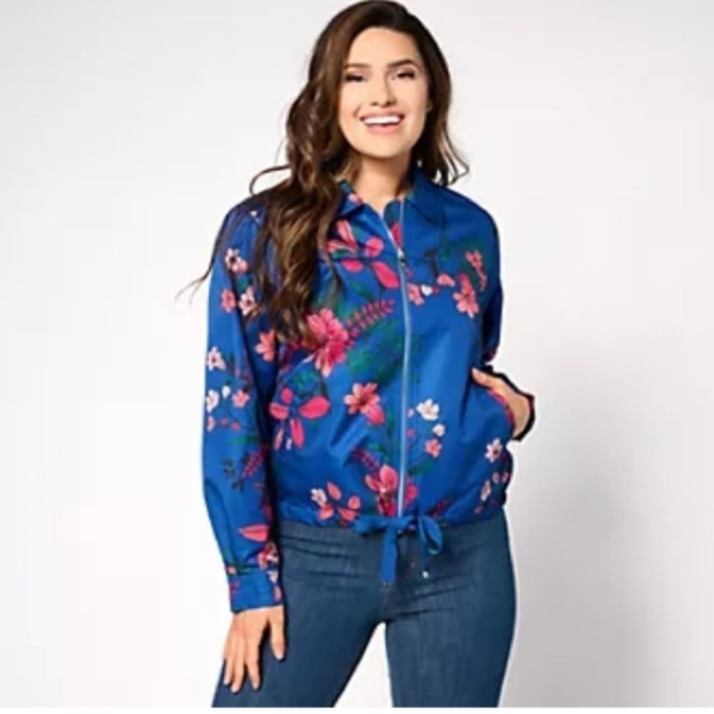 Dennis Basso Blue jacket pink coral peach Floral Pattern size 2x plus size light